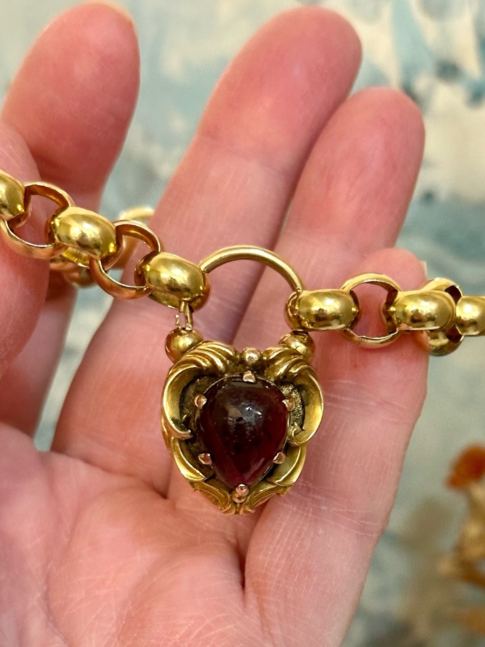 Georgian 18K Gold Padlock Bracelet, Garnet Carbuncle 8” Tested 25 Grams Antique
